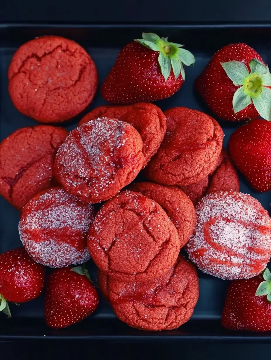 Une assiette de biscuits rouges velours saupoudrés de sucre, entourée de fraises fraîches.
