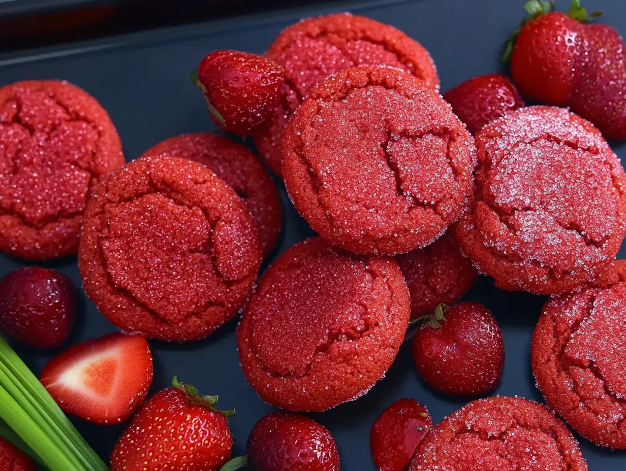 Zoom sur des biscuits rouges pailletés entourés de fraises fraîches sur fond noir.
