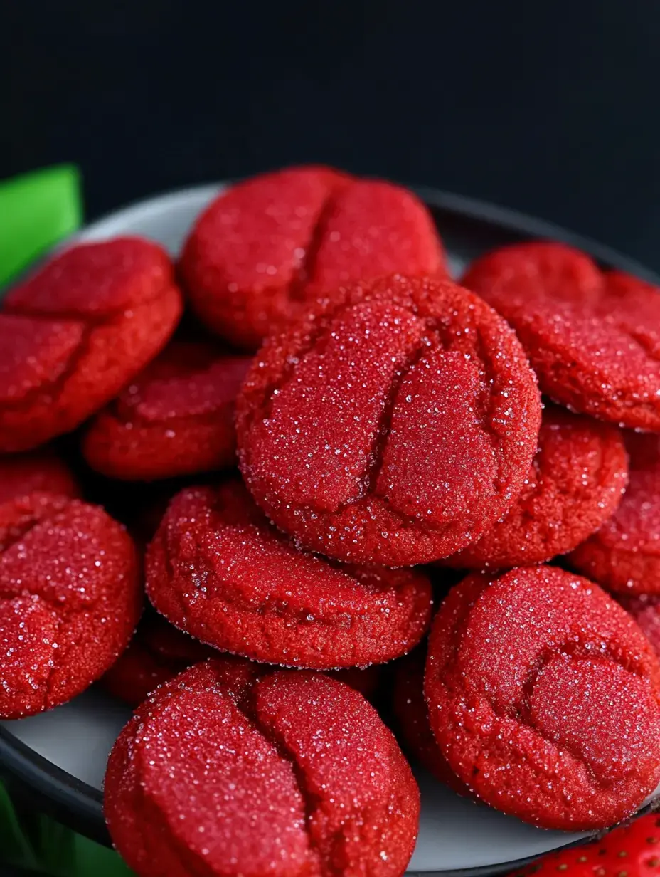 Gros plan d'une assiette remplie de biscuits rouges vifs recouverts de sucre.