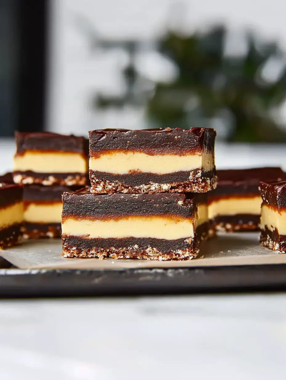 Zoom sur des carrés dessert chocolat et caramel, alignés sur un plateau flou en arrière-plan.