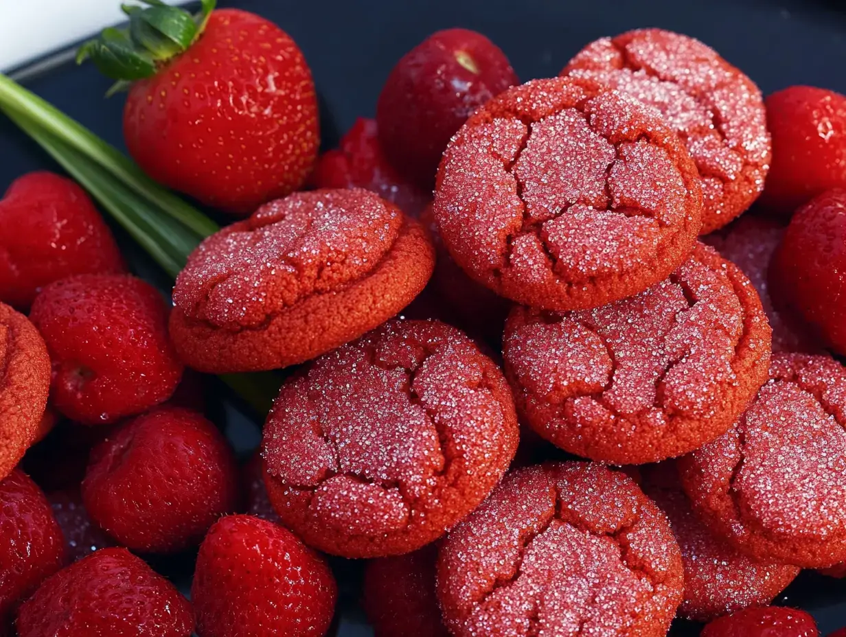 Gros plan de biscuits rouges pailletés entourés de fraises et framboises sur une assiette foncée.