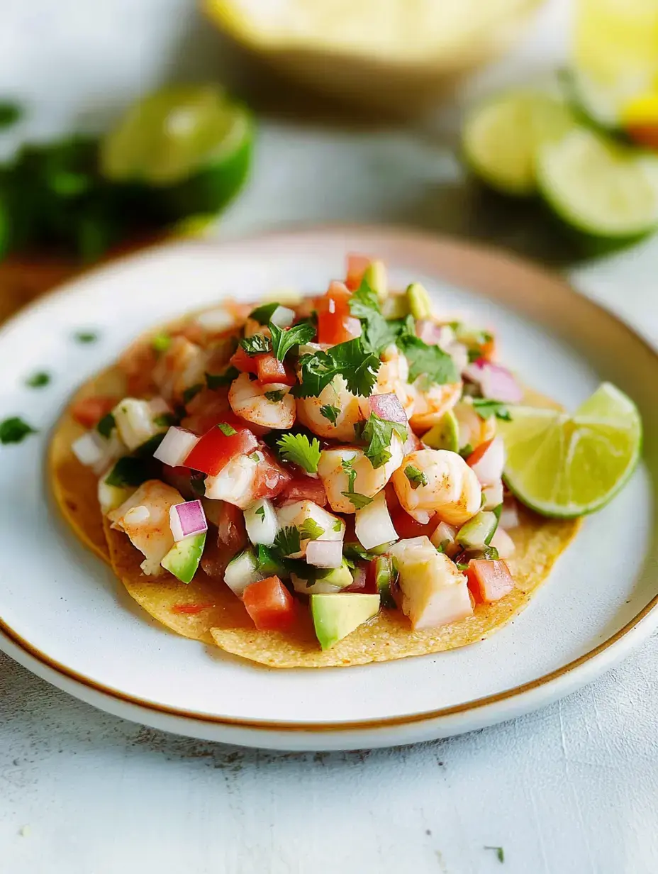 Une assiette colorée avec un tacos croustillant, garni de ceviche de crevettes, tomates, oignons, avocat, coriandre fraîche, et des quartiers de citron vert.