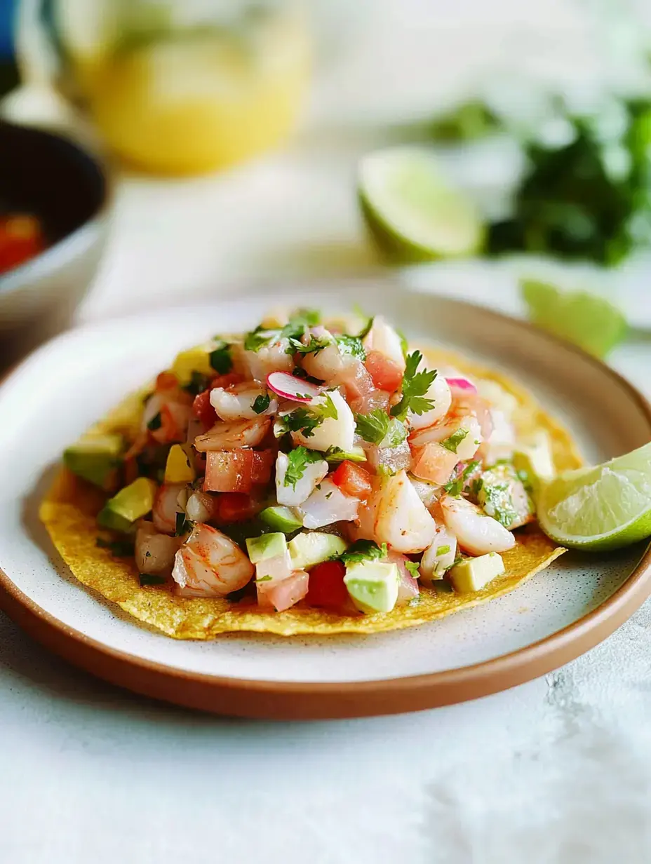 Un ceviche de fruits de mer coloré garni de légumes en dés et coriandre, servi sur une tortilla dorée avec un quartier de citron vert à côté.