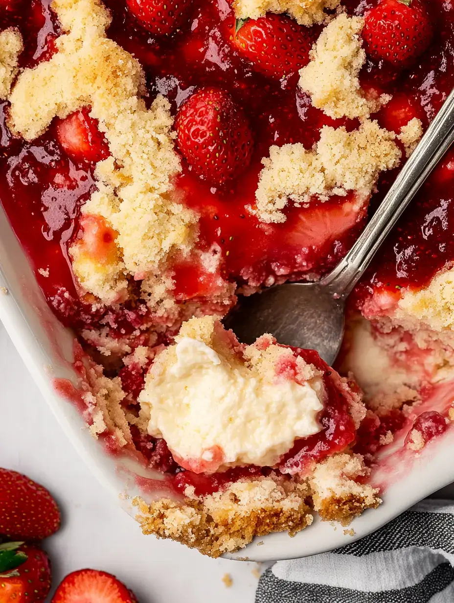 Un zoom sur un dessert à la fraise recouvert d’un crumble doré, avec une cuillère révélant la crème sous la croûte.