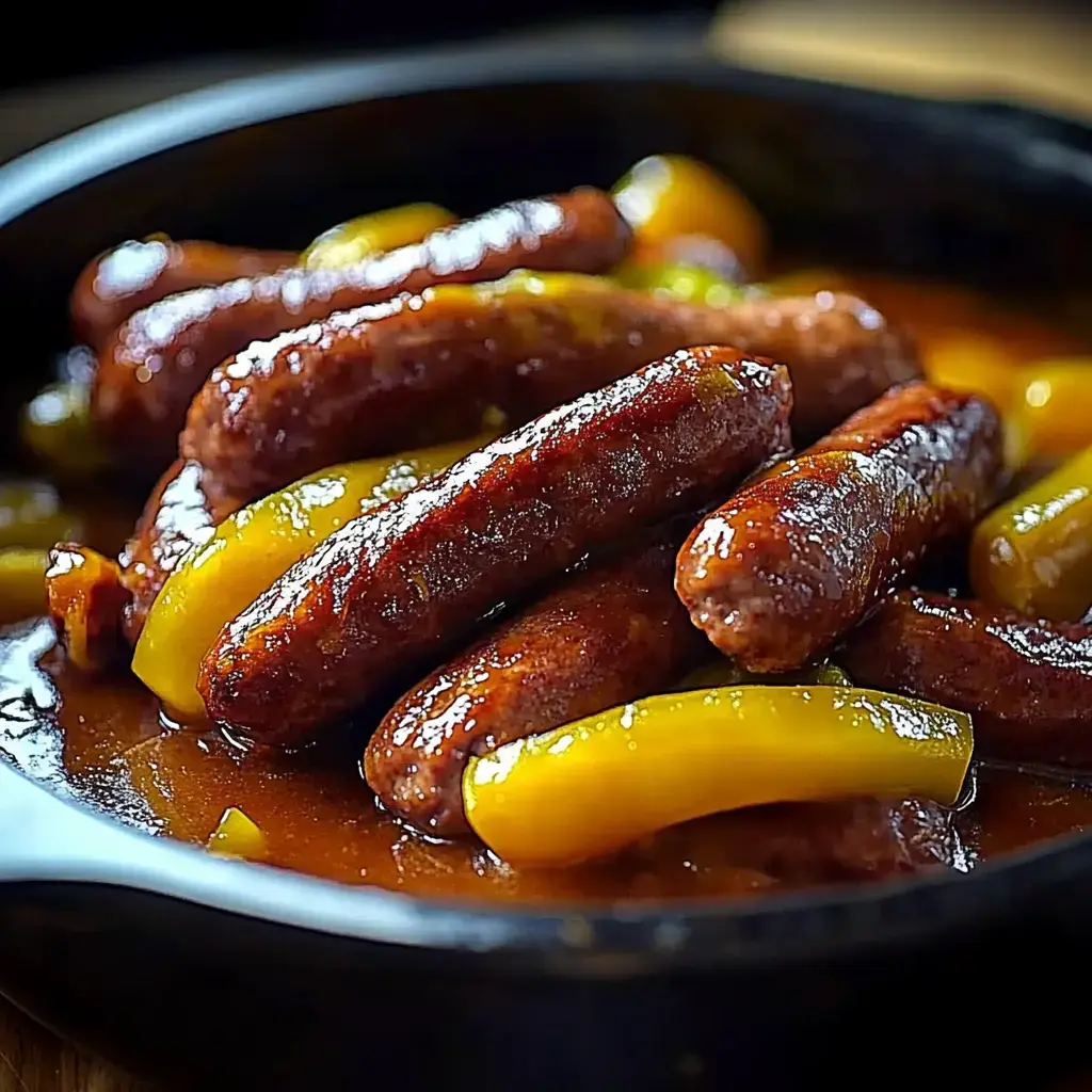 Gros plan sur des petites saucisses nappées de sauce avec des lamelles de poivron jaune dans une poêle en fonte.