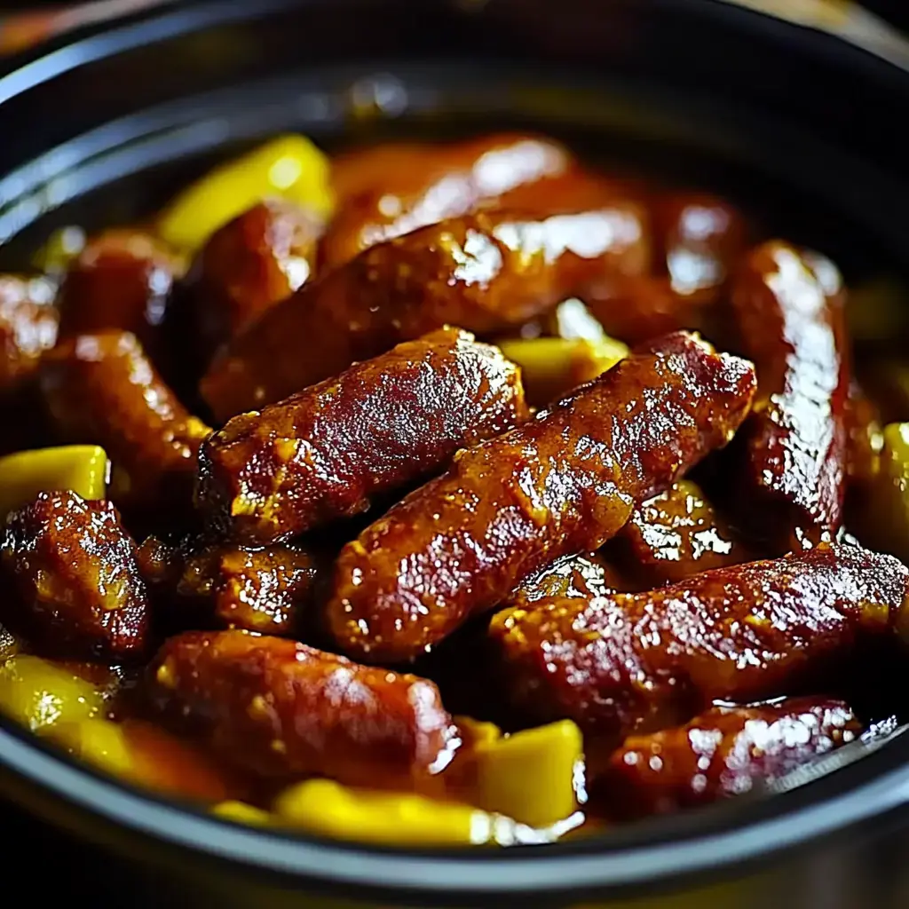 Zoom sur des saucisses nappées d'une sauce riche et savoureuse avec des morceaux de poivron jaune.