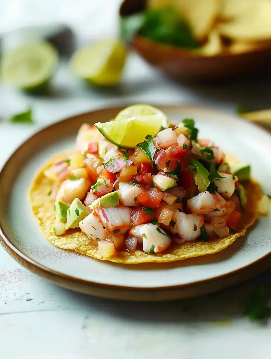 Une portion généreuse de ceviche aux crevettes avec tomates en dés, avocat et coriandre sur une tortilla croquante, décorée d’un quartier de citron vert.
