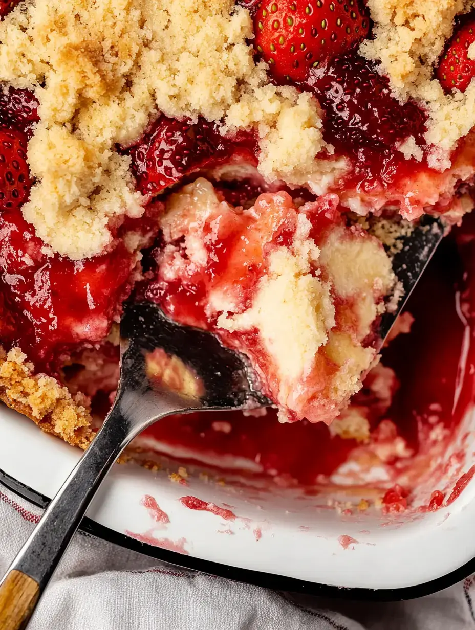 Un zoom sur un dessert à la fraise servi à la cuillère, avec un dessus croustillant.
