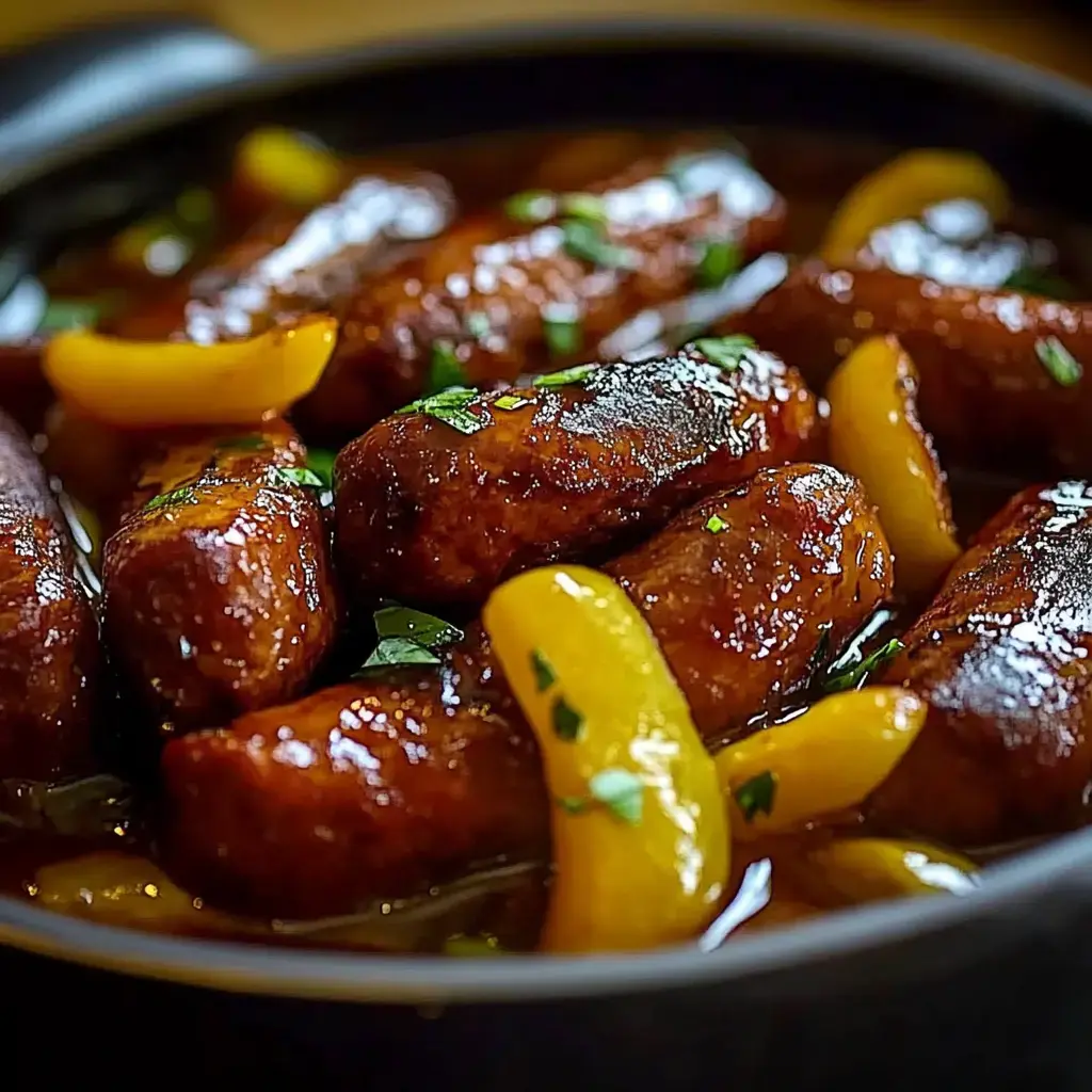 Gros plan sur des saucisses sautées garnies d’herbes et de lamelles de poivron jaune dans un bol sombre.