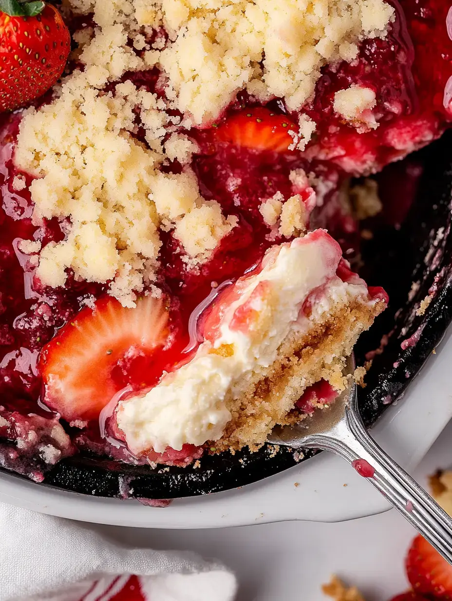 Vue rapprochée d'un dessert avec fraises, crumble croustillant, et couches crémeuses, une bouchée montrant la texture.
