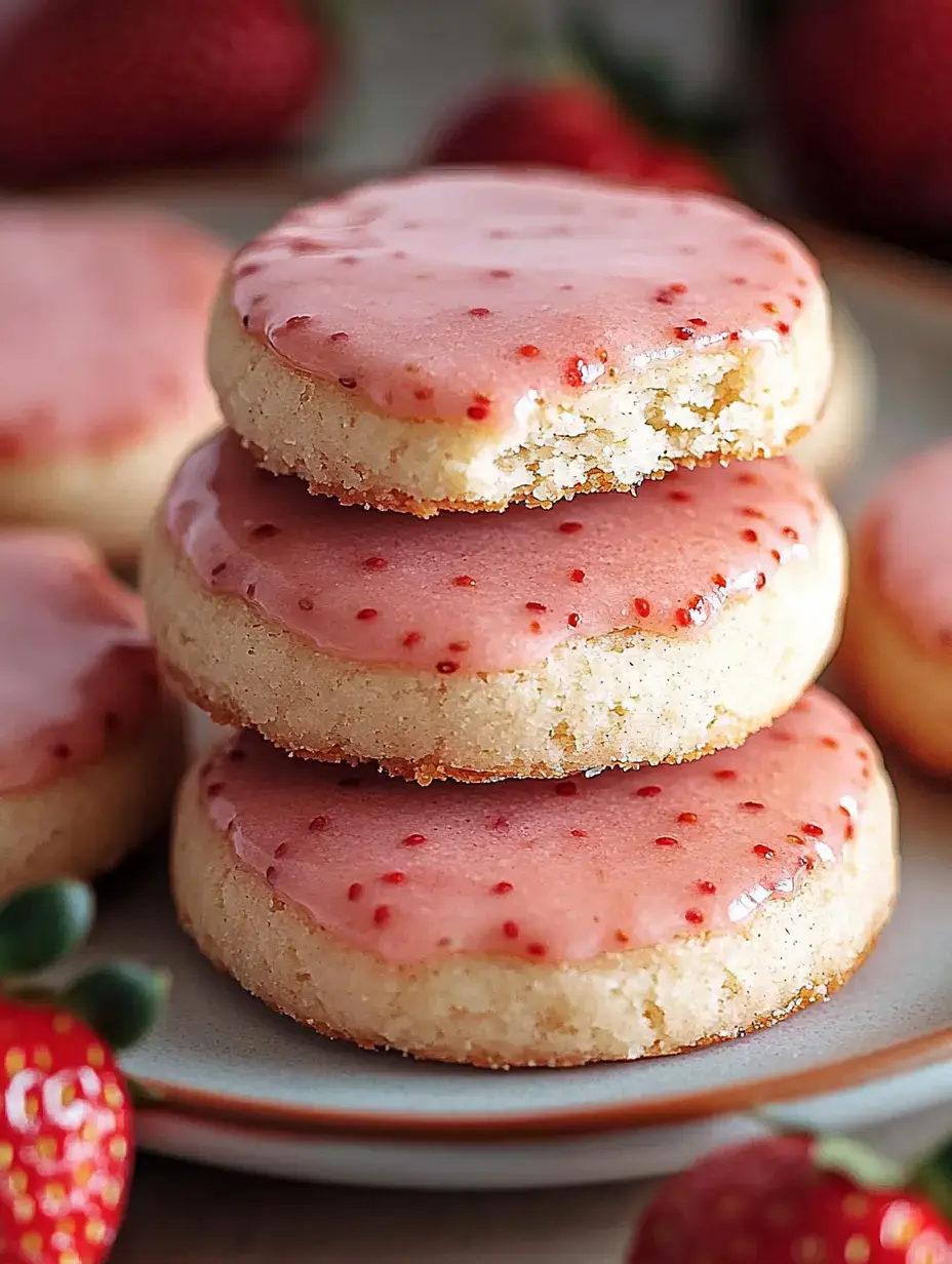 Trois biscuits ronds empilés avec un glaçage rose tacheté de rouge, entourés de fraises fraîches.