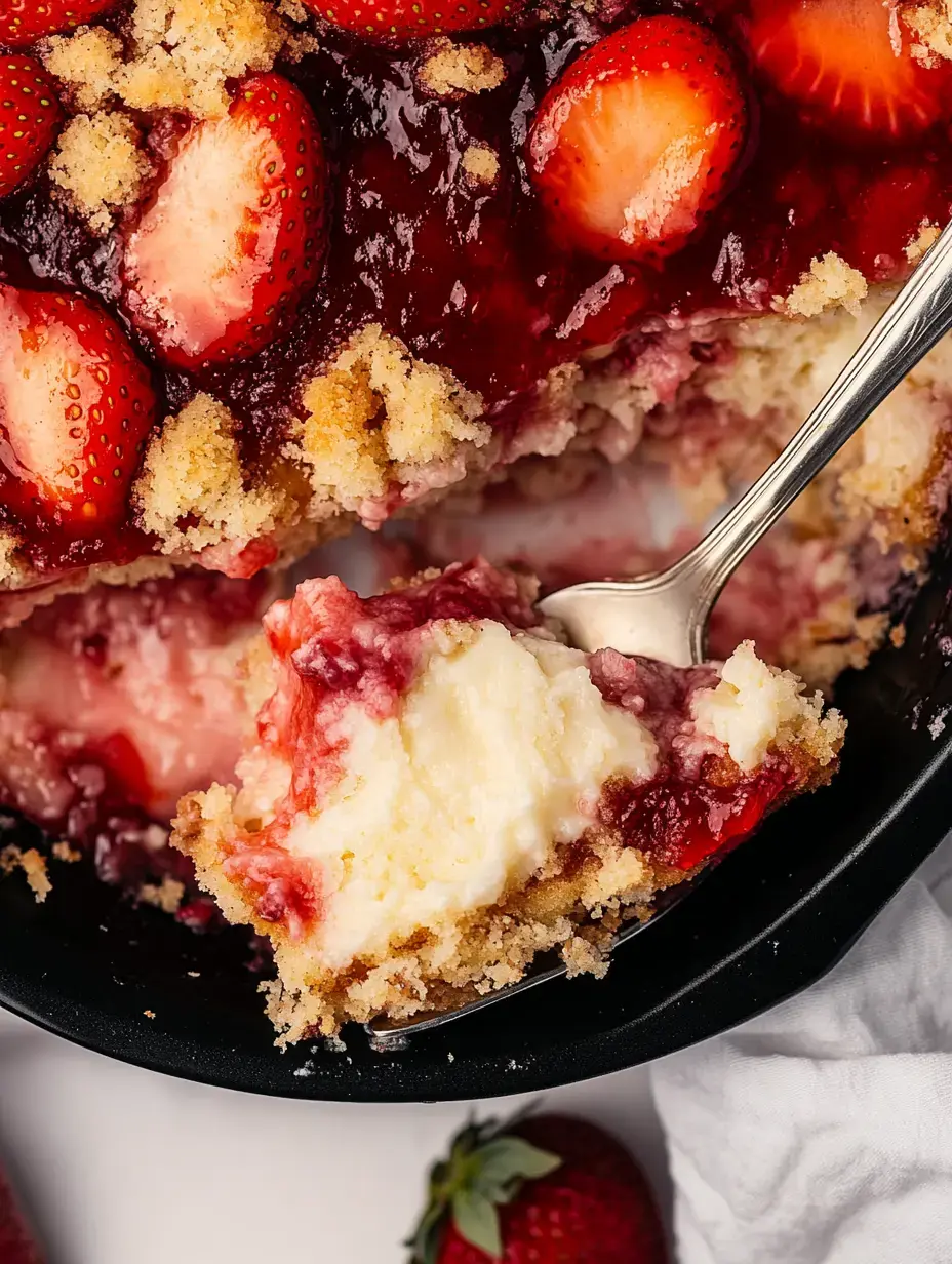 Zoom sur un dessert à la fraise dont une cuillère a été retirée, mettant en valeur les couches de crème et de fruits.
