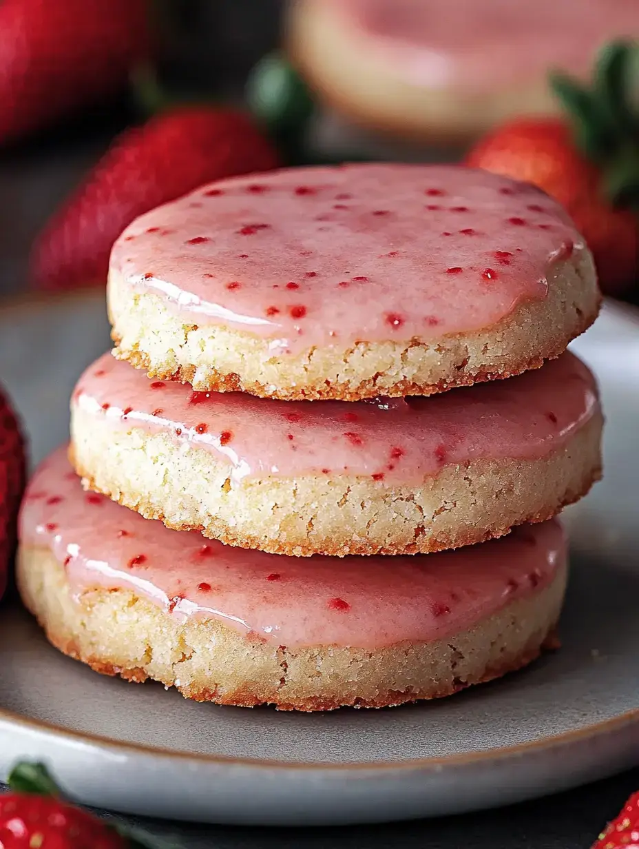 Trois sablés à la fraise glacés sont empilés sur une assiette, entourés de fraises fraîches.