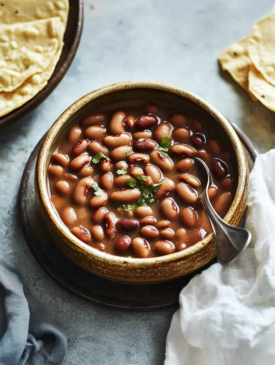 Un bol de haricots mélangés dans un bouillon chaud garni de coriandre, entouré de tortillas pliées.