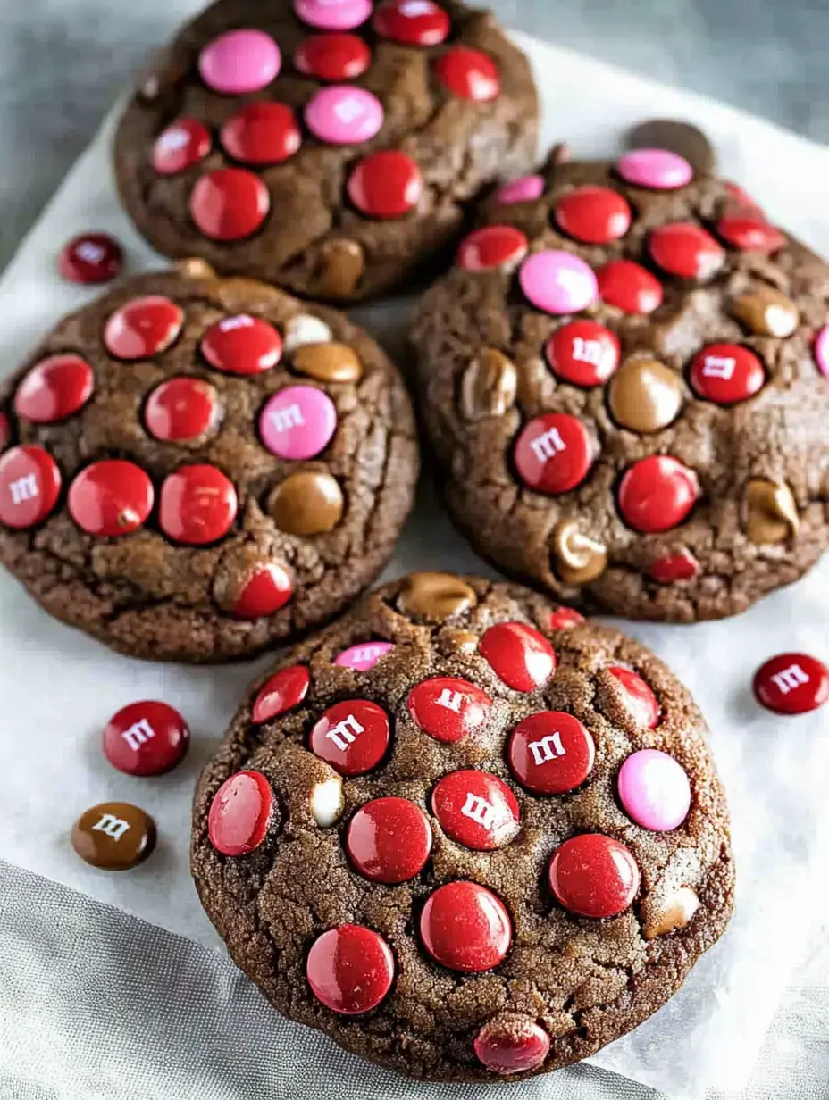 Gros plan sur des cookies au chocolat garnis de dragées rouges, roses et marron.