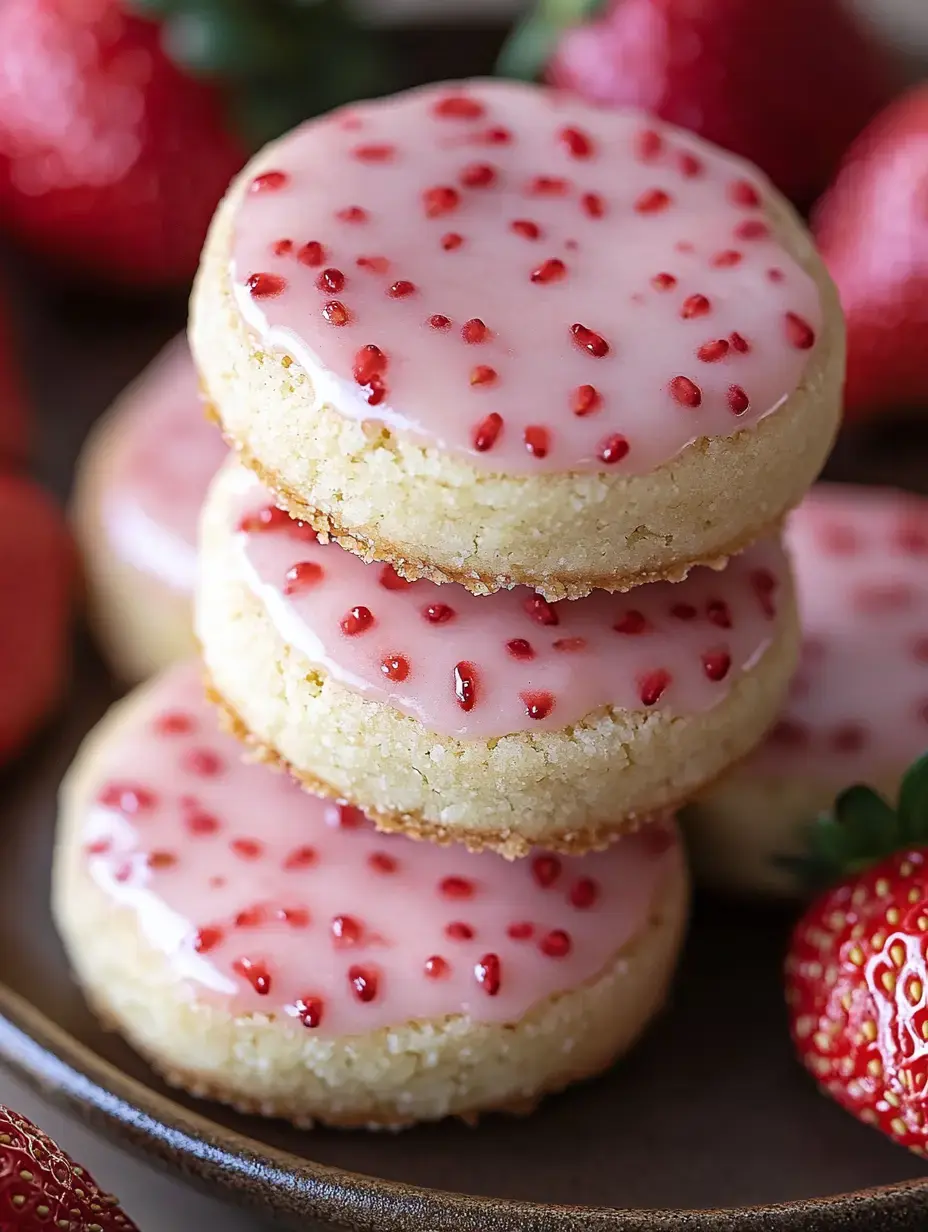 Pile de biscuits glacés roses avec des éclats rouges, entourés de fraises fraîches.