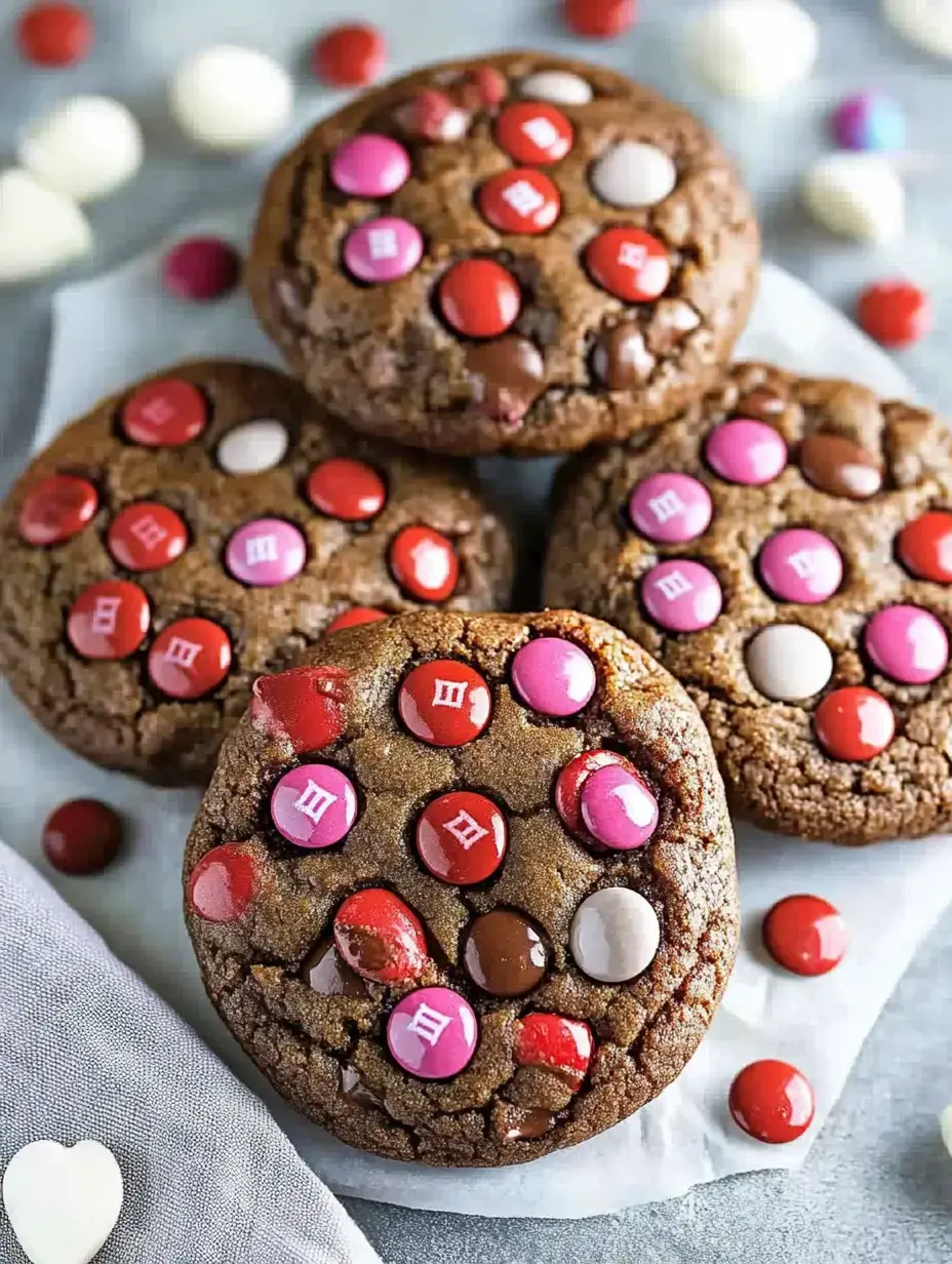 Vue rapprochée de quatre cookies au chocolat garnis de bonbons colorés, avec quelques M&M’s tout autour sur fond gris.