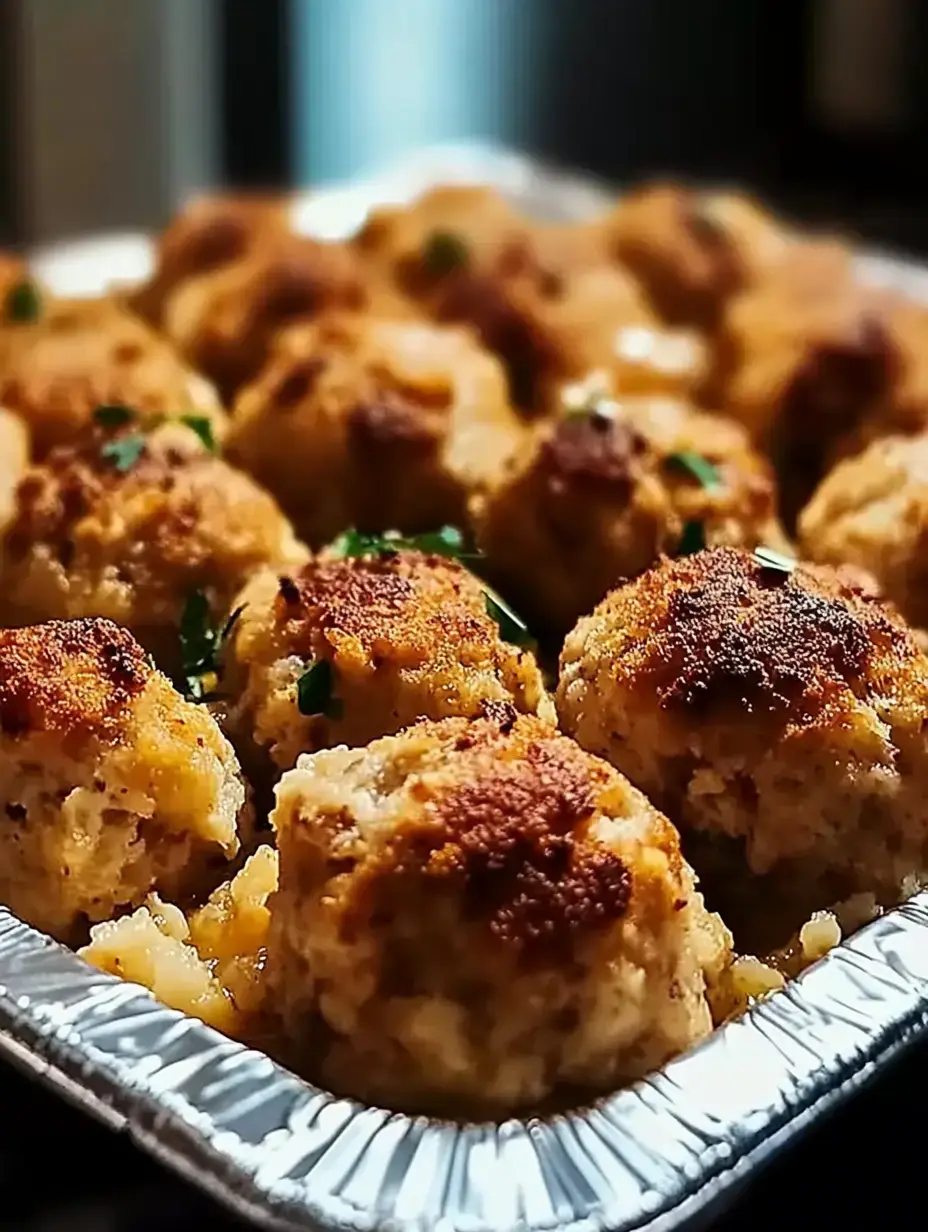 Gros plan sur de jolies boulettes dorées aux herbes, dans un plat en alu, décorées d’un brin de persil.