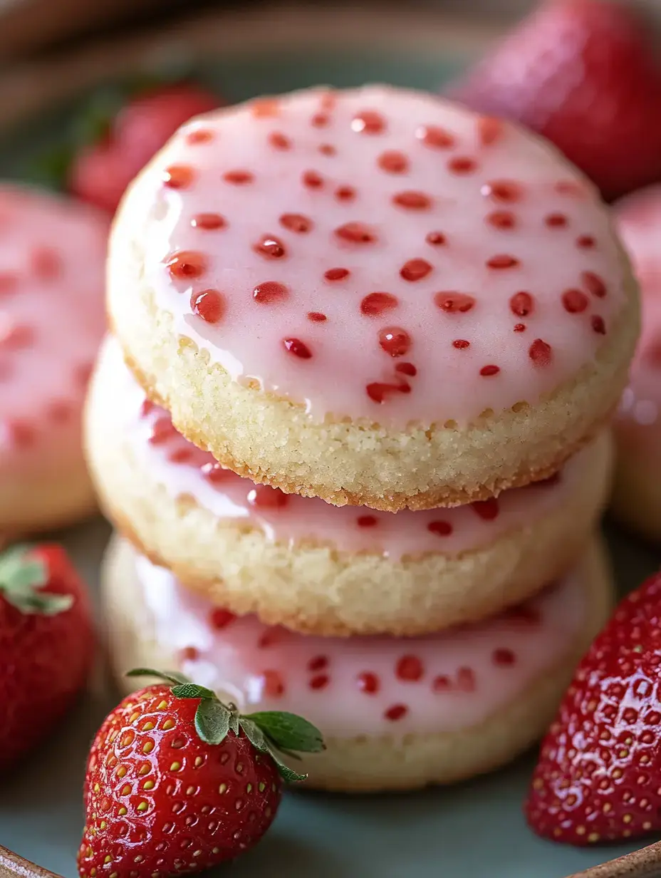 Trois biscuits empilés avec un glaçage rose et des touches rouges, entourés de fraises fraîches.