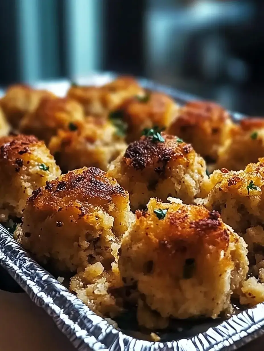 Zoom sur des boulettes de farce bien dorées et croustillantes, parsemées d’herbes fraîches, dans un plat en alu.