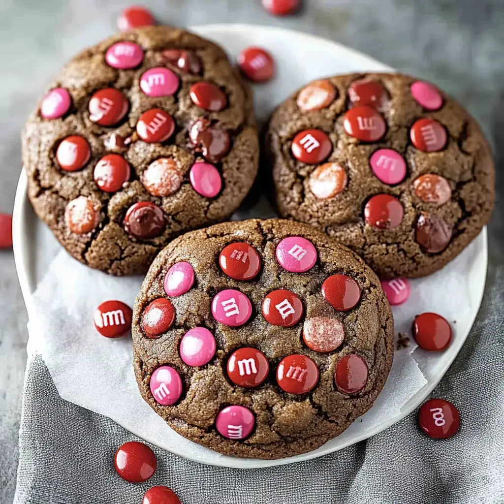 Trois grands cookies au chocolat garnis de M&M’s rouges et roses sur une assiette blanche.