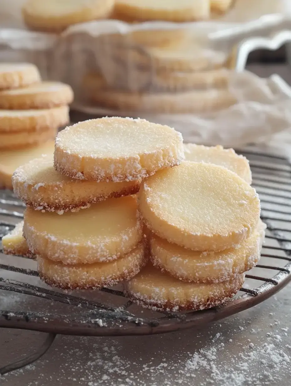Une pile de sablés ronds et sucrés posée sur une grille avec d'autres sablés en arrière-plan.