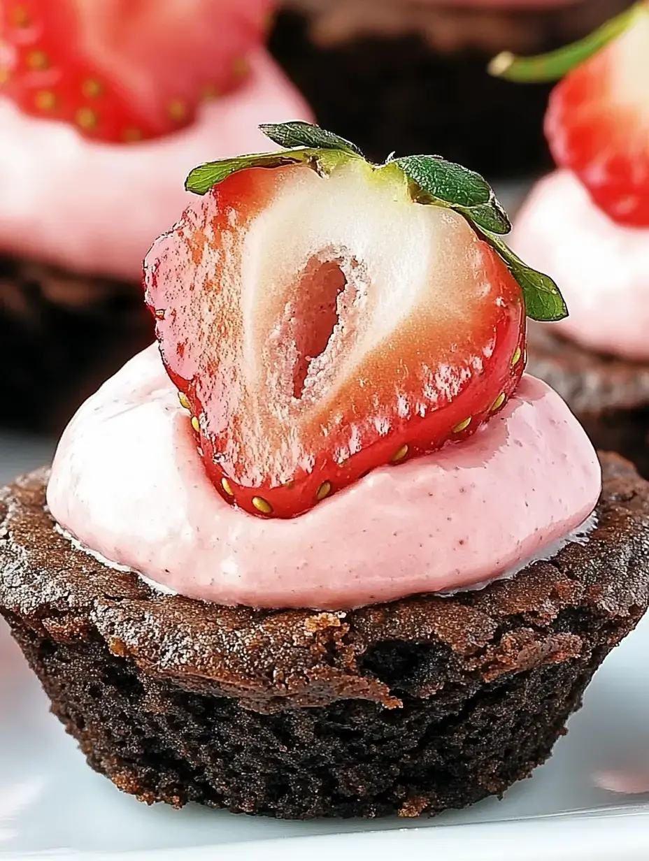 Un zoom sur un cupcake chocolat avec glaçage rose et une fraise coupée.