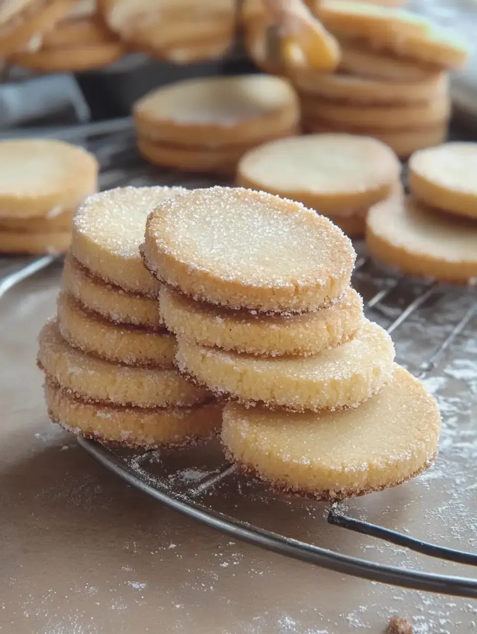 Des sablés ronds et sucrés posés sur une grille, d'autres biscuits en arrière-plan.