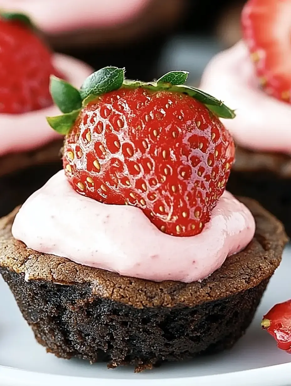 Zoom sur des cupcakes façon brownie avec glaçage rose et fraise fraîche.