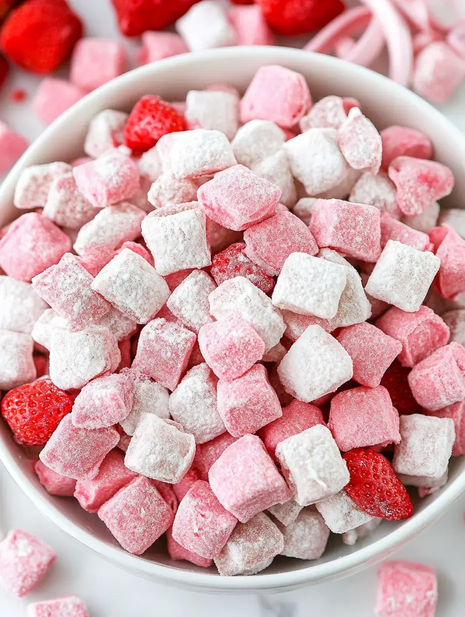 Un bol rempli de bonbons moelleux poudrés rose et blanc avec des fraises fraîches à côté.