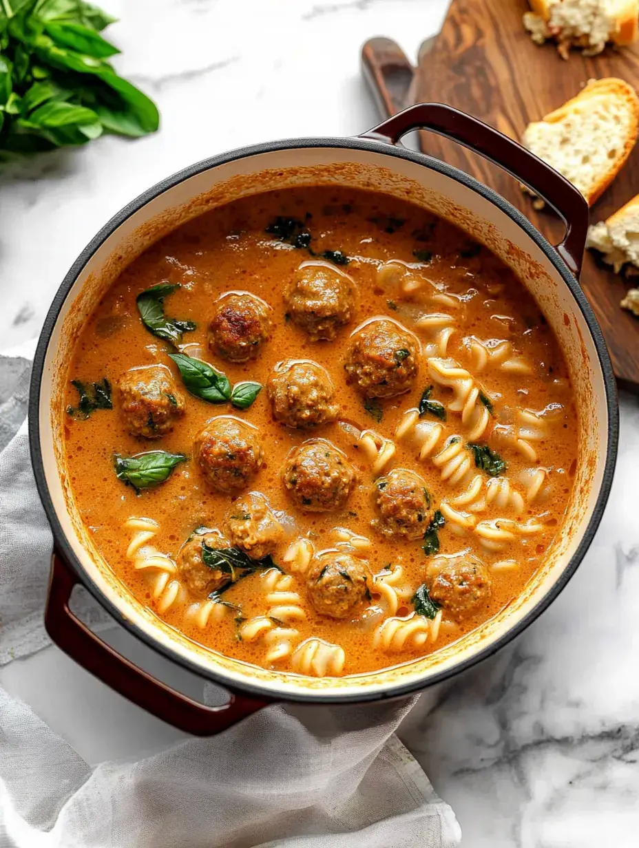 Une casserole de pâtes crémeuses avec boulettes et épinards trône sur une table en marbre, avec une tranche de pain sur une planche en bois.
