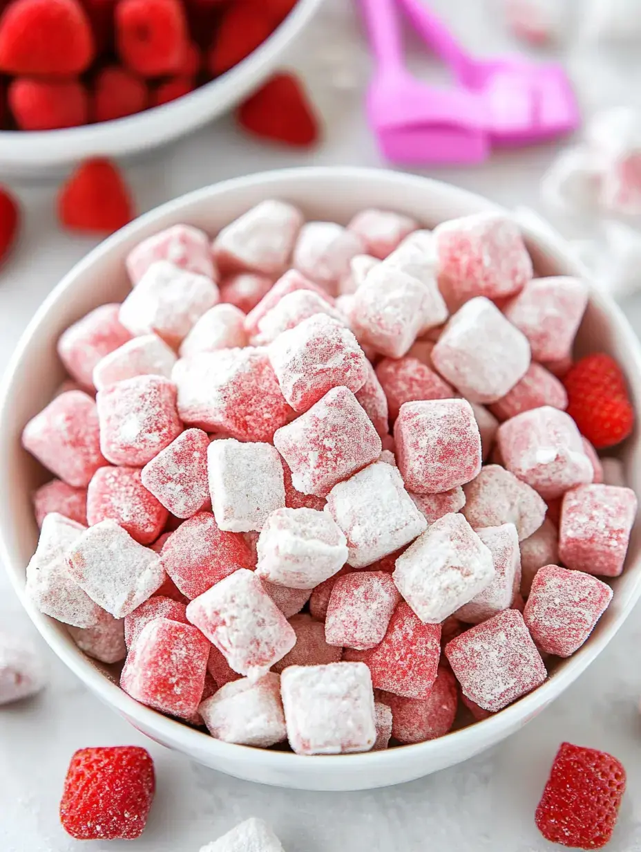 Un bol de bonbons gélifiés poudrés rose et blanc, entouré de framboises fraîches et d’ustensiles colorés.