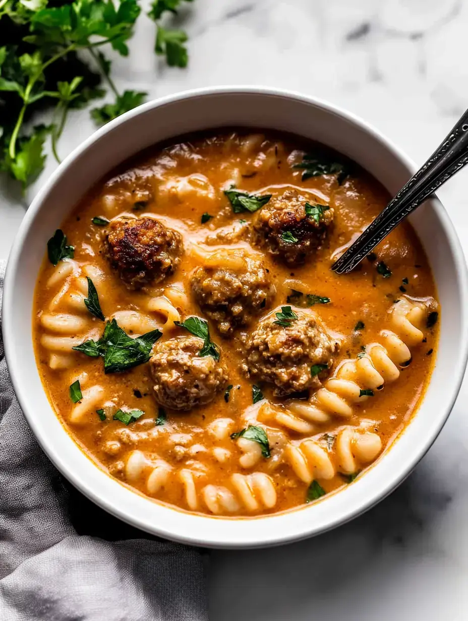 Un bol de soupe crémeuse aux pâtes et boulettes, parsemé de persil.