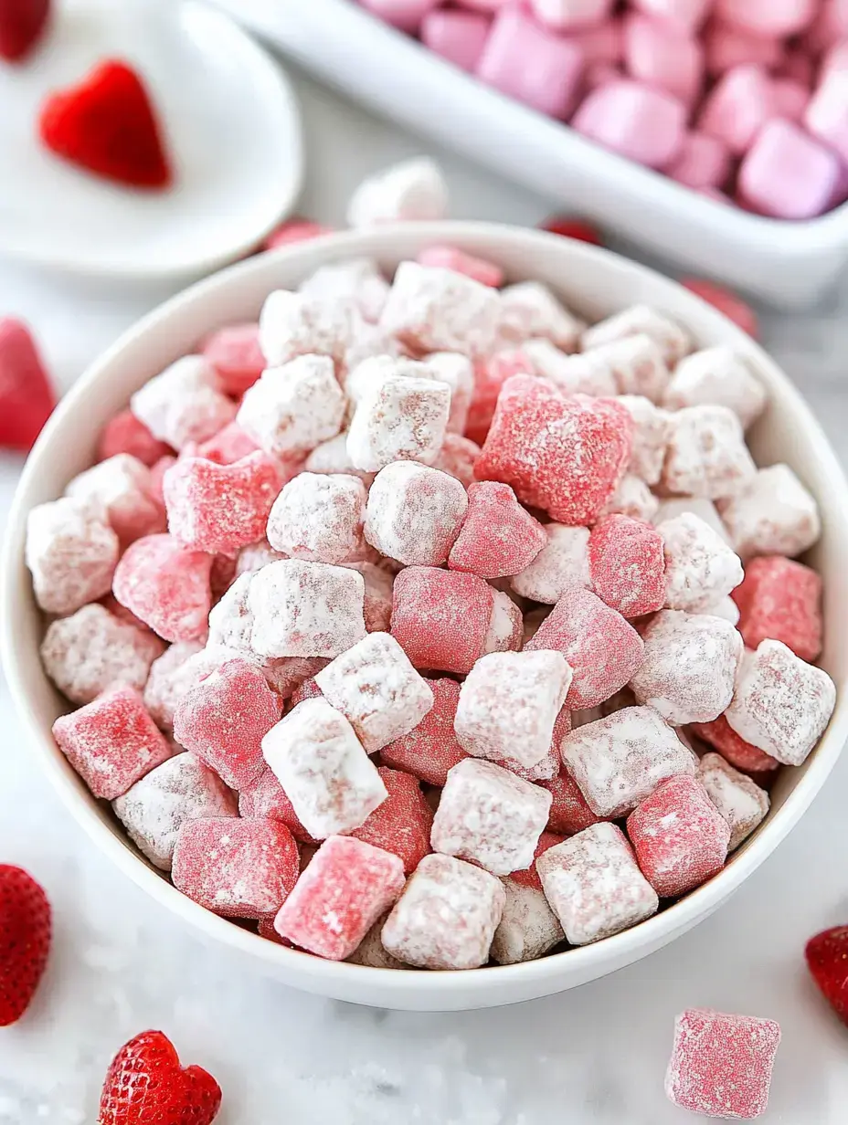 Un bol où des cubes de bonbons poudrés rose et blanc côtoient des morceaux de fraises.