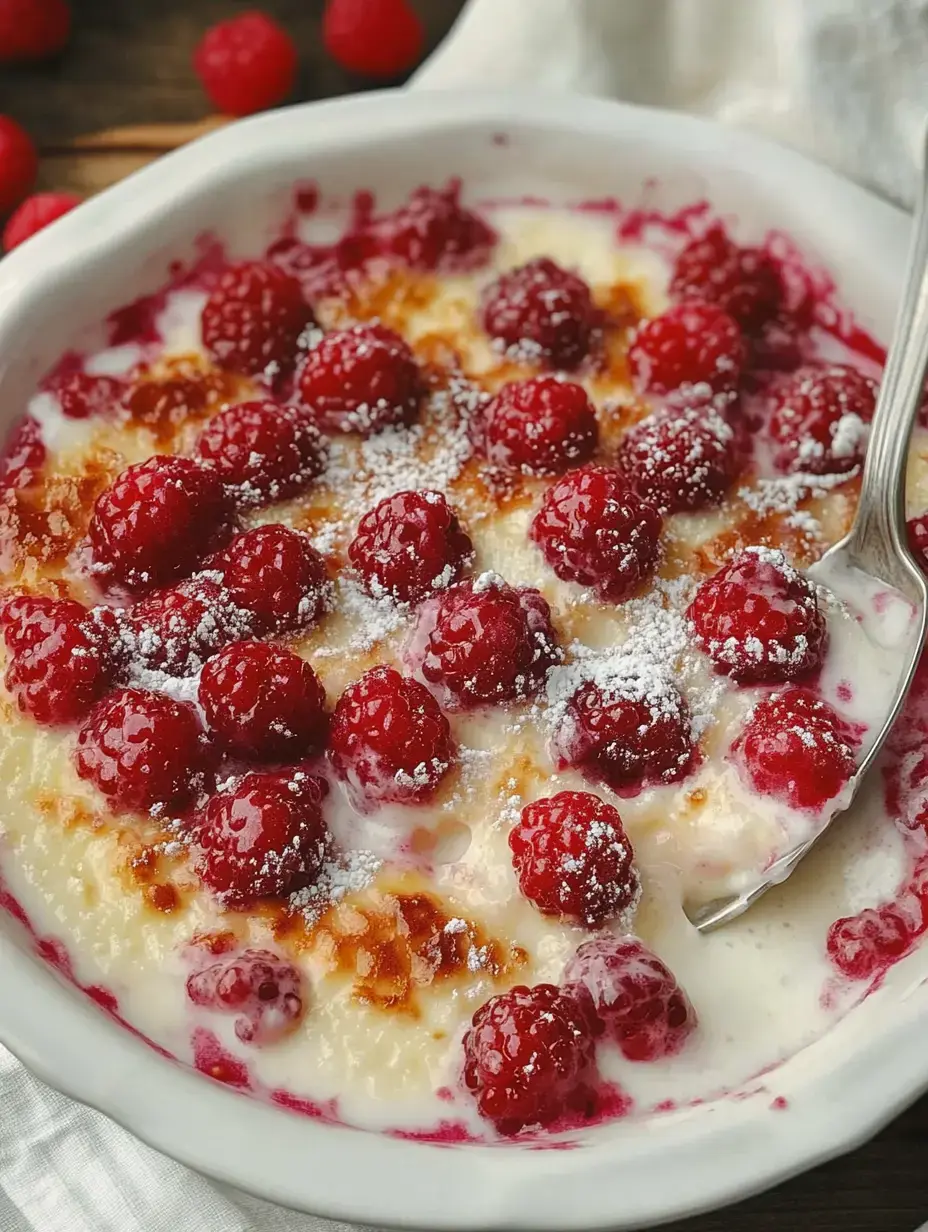 Un dessert fondant garni de framboises fraîches, saupoudré de sucre glace, dans un plat blanc.