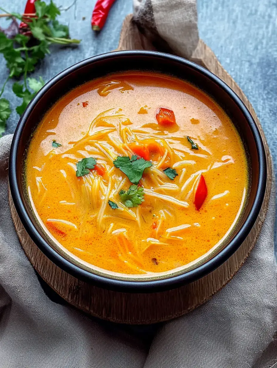 Un bol de soupe onctueuse orange avec nouilles, coriandre hachée et poivron rouge en dés, posé sur du bois avec des herbes et piments en fond.