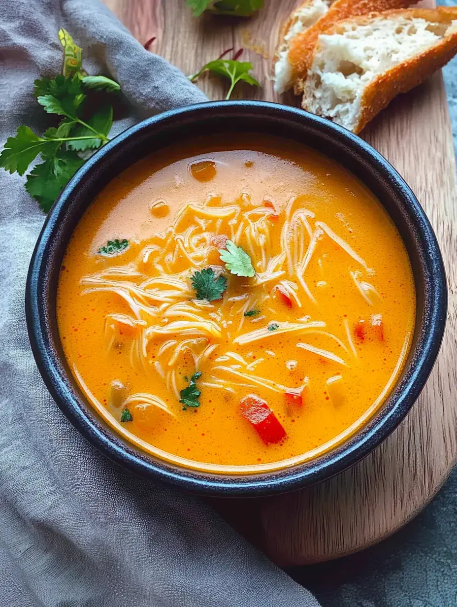 Un grand bol noir de soupe onctueuse aux nouilles et coriandre, posé sur une planche à côté d’un morceau de pain frais.