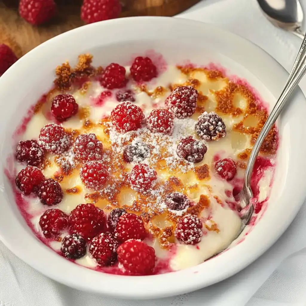 Un bol blanc rempli de crème onctueuse garnie de framboises fraîches, saupoudré de sucre glace et de miettes croustillantes.