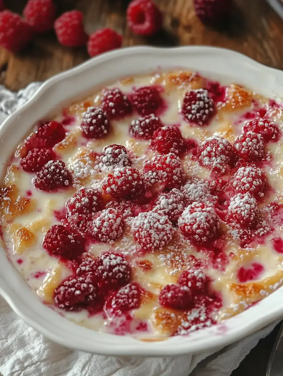 Un dessert crémeux recouvert de framboises fraîches et de sucre glace, servi dans un plat blanc.