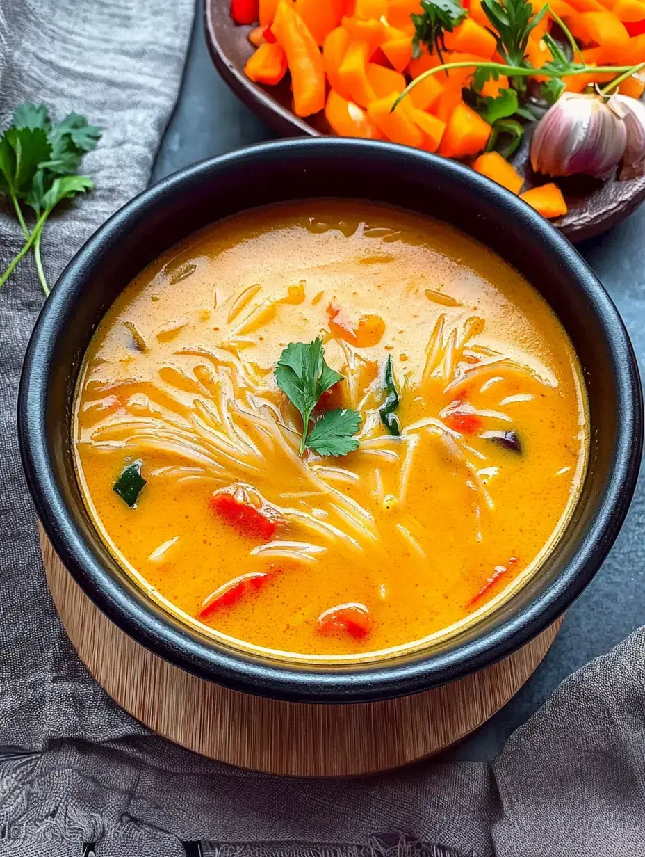 Un bol de soupe aux nouilles et légumes colorés, garni de coriandre, avec une assiette de carottes hachées et ail à côté.