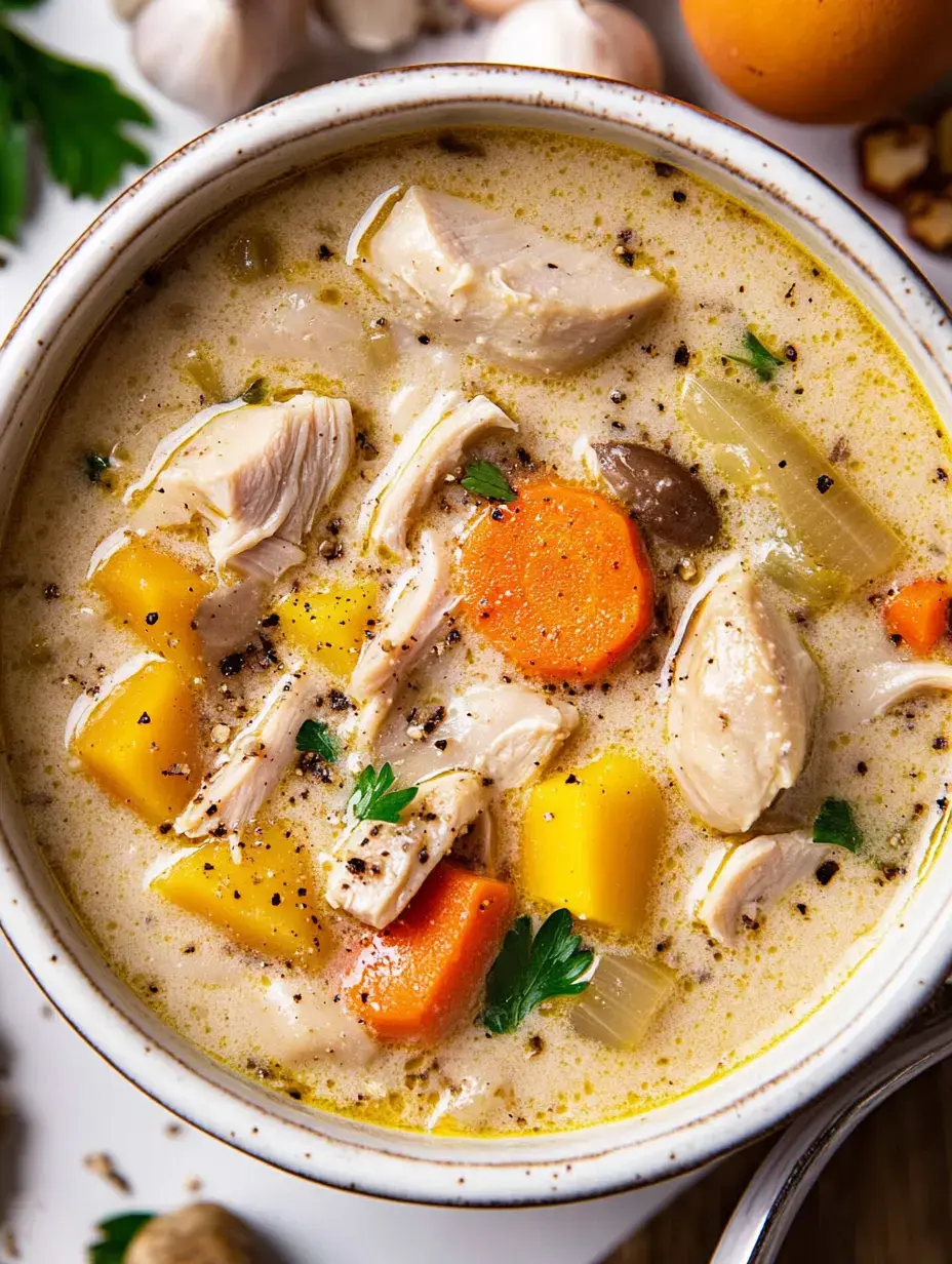 Un gros plan sur un bol de soupe crémeuse au poulet avec du poulet, carottes et courgettes jaunes, décorée de persil.