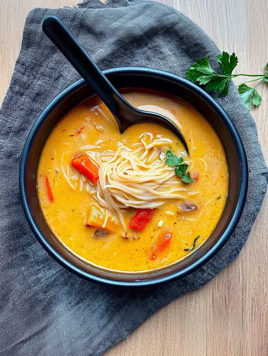 Un bol de soupe parfumée aux légumes et nouilles avec coriandre, posé sur un tissu gris.