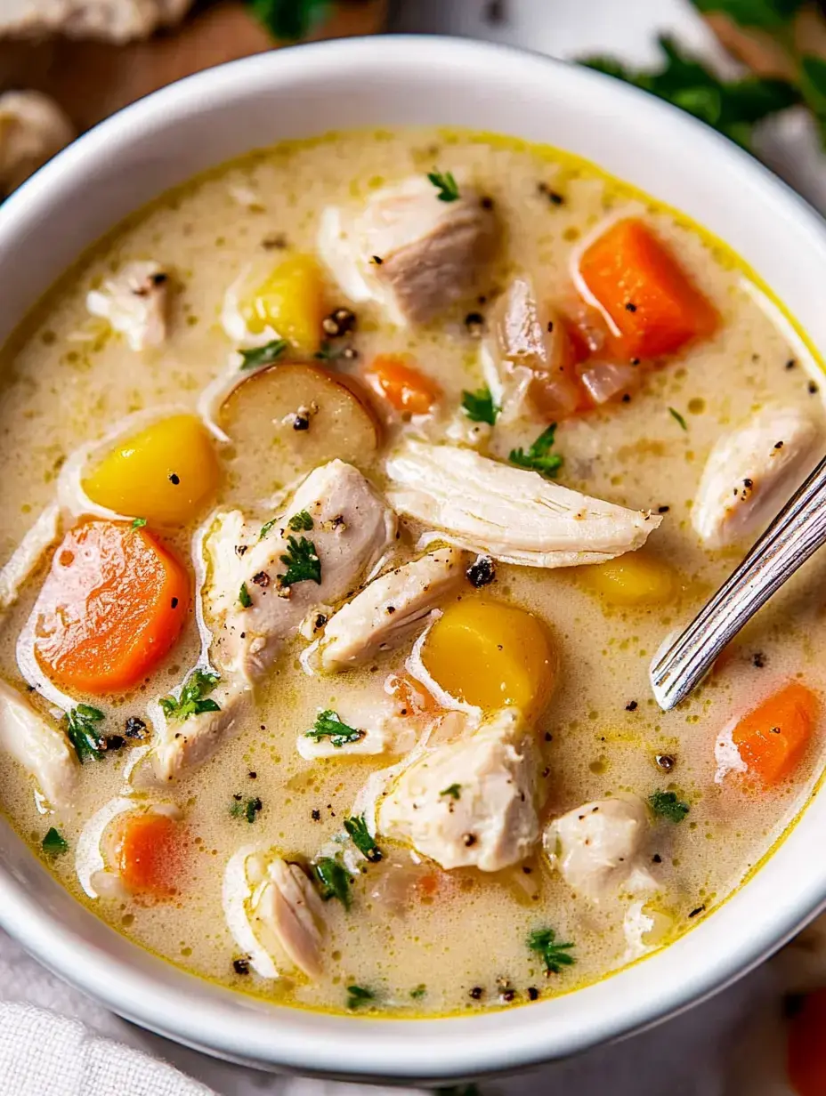 Zoom sur un bol de soupe crémeuse au poulet avec morceaux de poulet, carottes et légumes jaunes, décorée de persil.