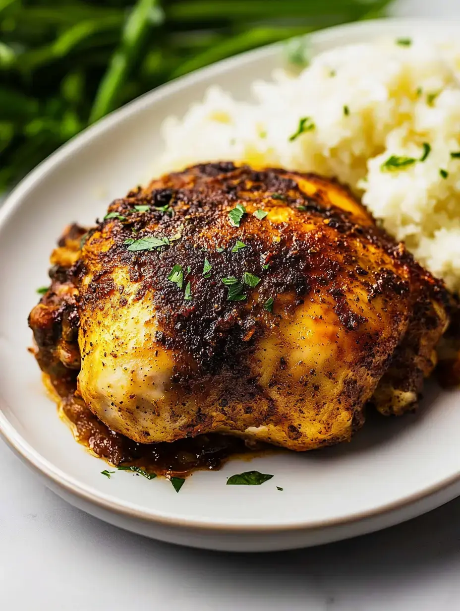 Gros plan sur une cuisse de poulet rôtie, couverte d’herbes, servie avec du riz blanc moelleux dans une assiette.