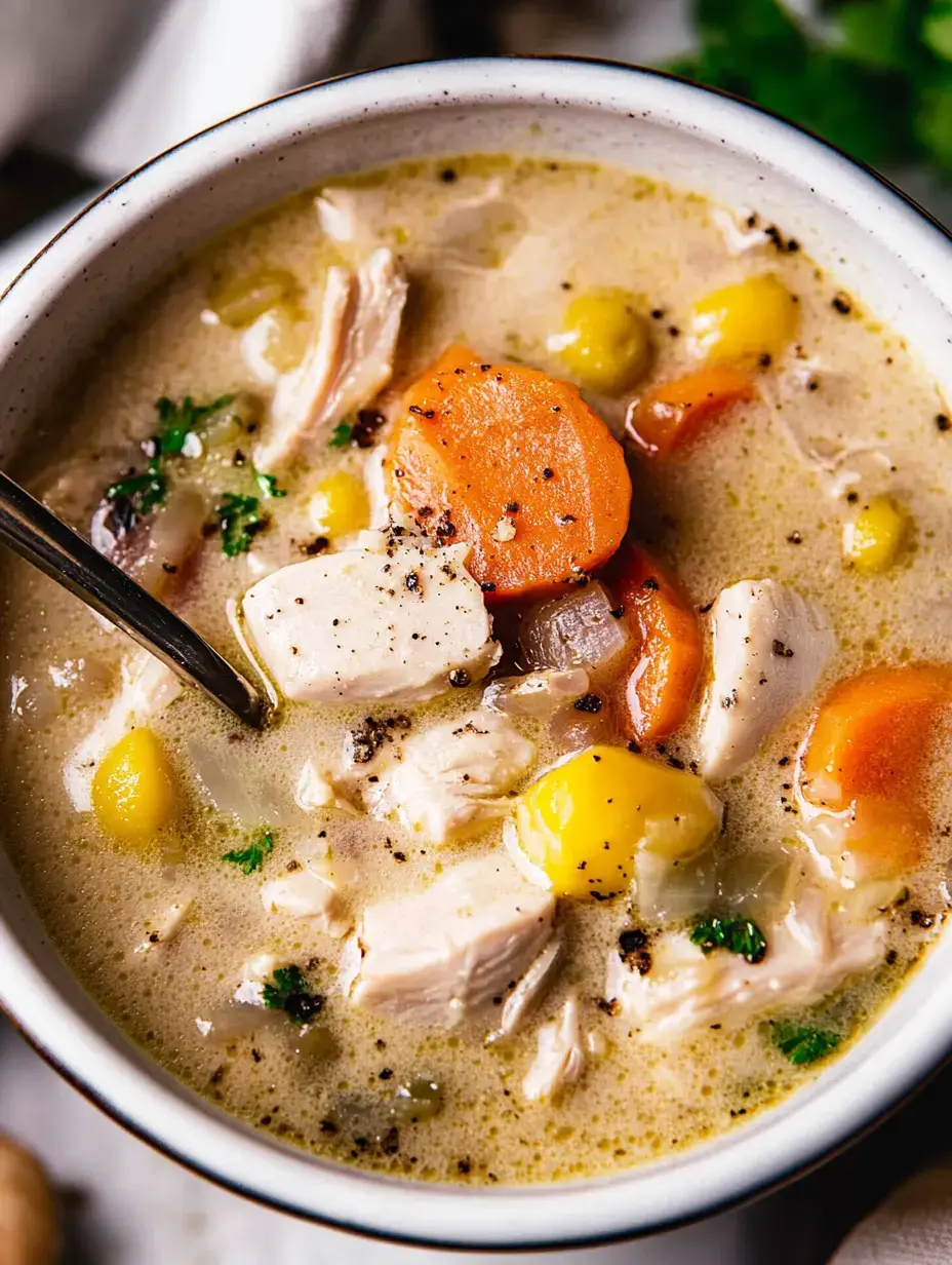 Un bol de soupe crémeuse au poulet rempli de morceaux de poulet, carottes et herbes.