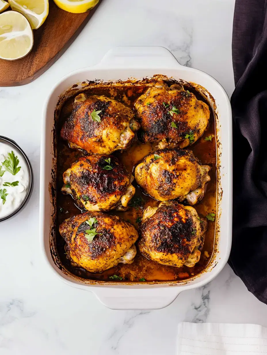 Un plat blanc garni de cuisses de poulet rôties, décorées de persil, à côté d’un bol de yaourt et de quartiers de citron sur une planche.