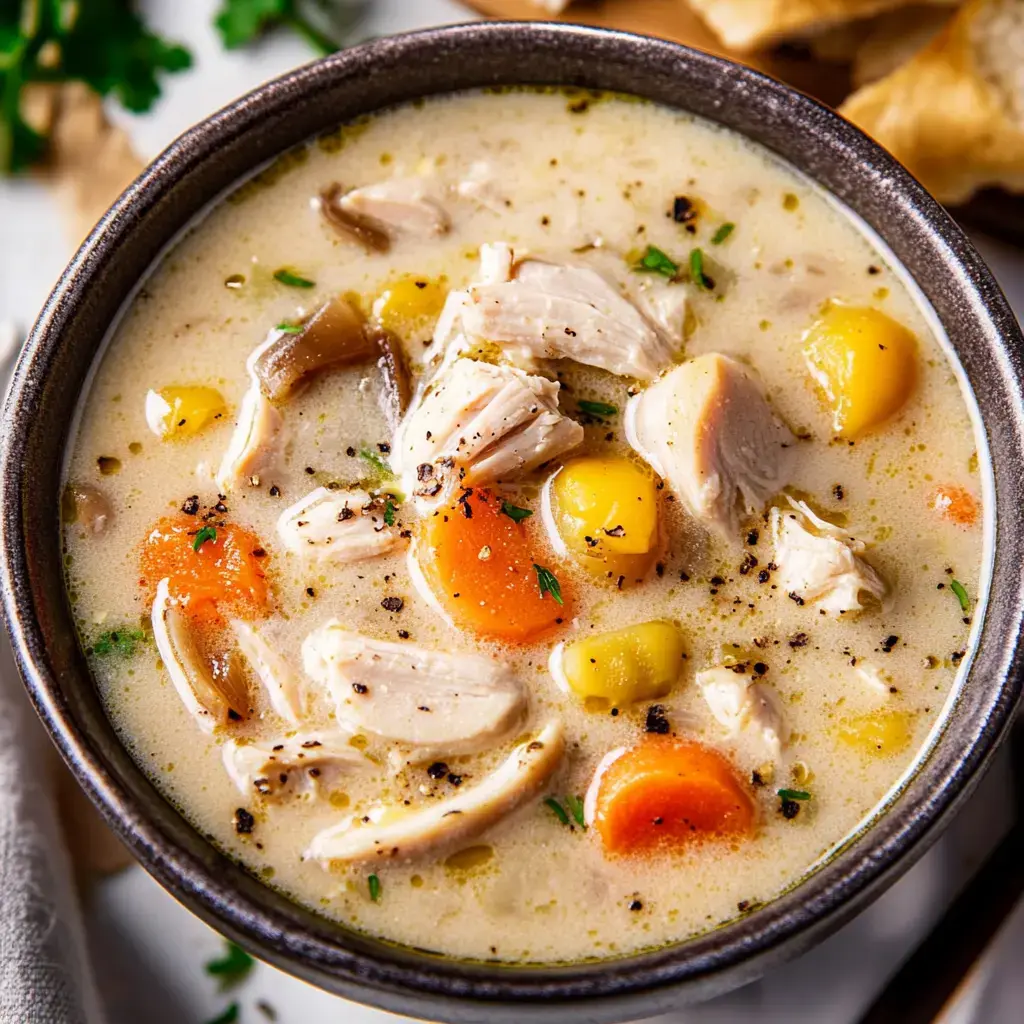 Zoom sur un bol de soupe crémeuse au poulet avec morceaux effilochés, carottes et légumes colorés, un peu de poivre noir et des herbes fraîches dessus.