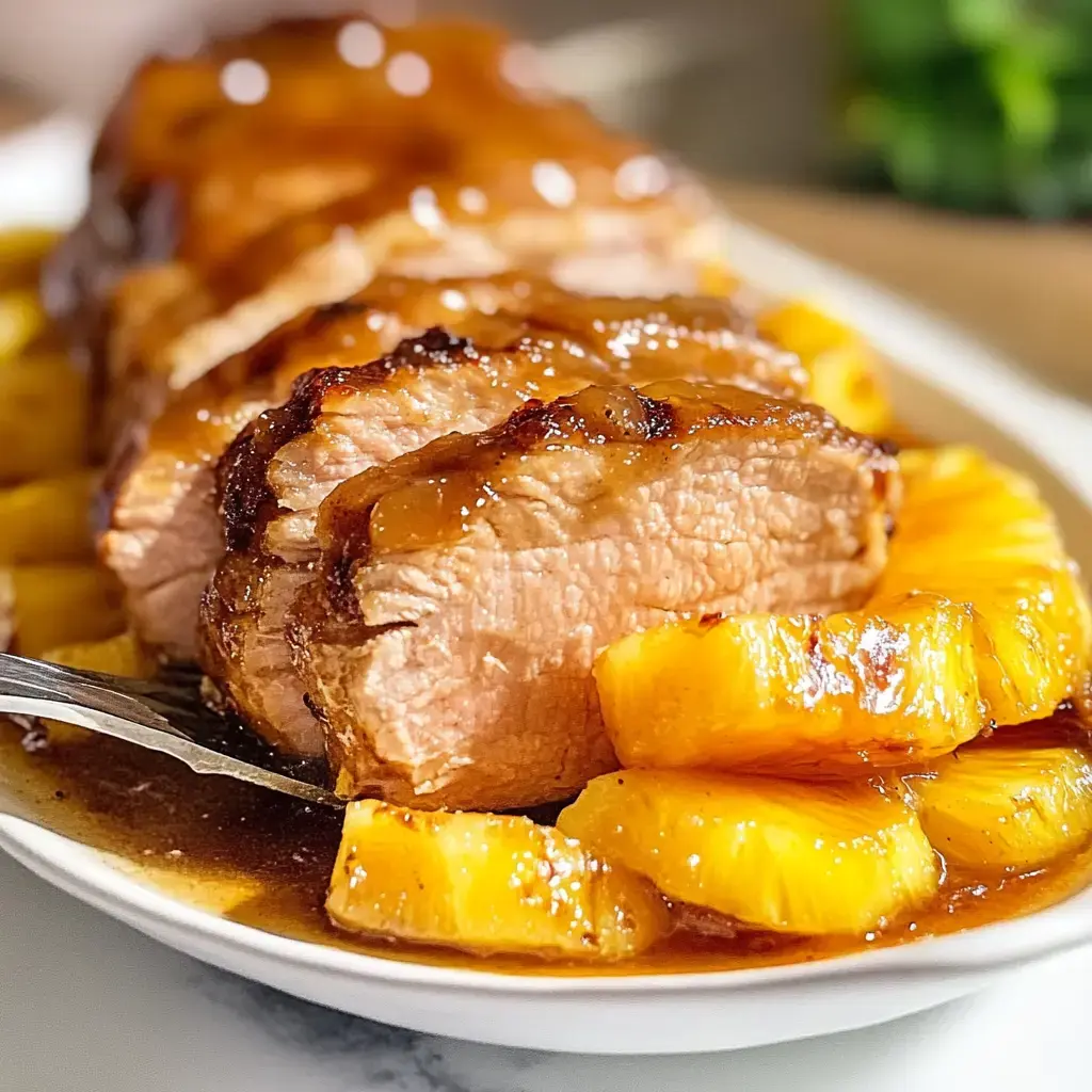 Filet de porc grillé coupé en tranches, accompagné d’ananas caramélisé et d’une sauce gourmande, servi sur un plat blanc.