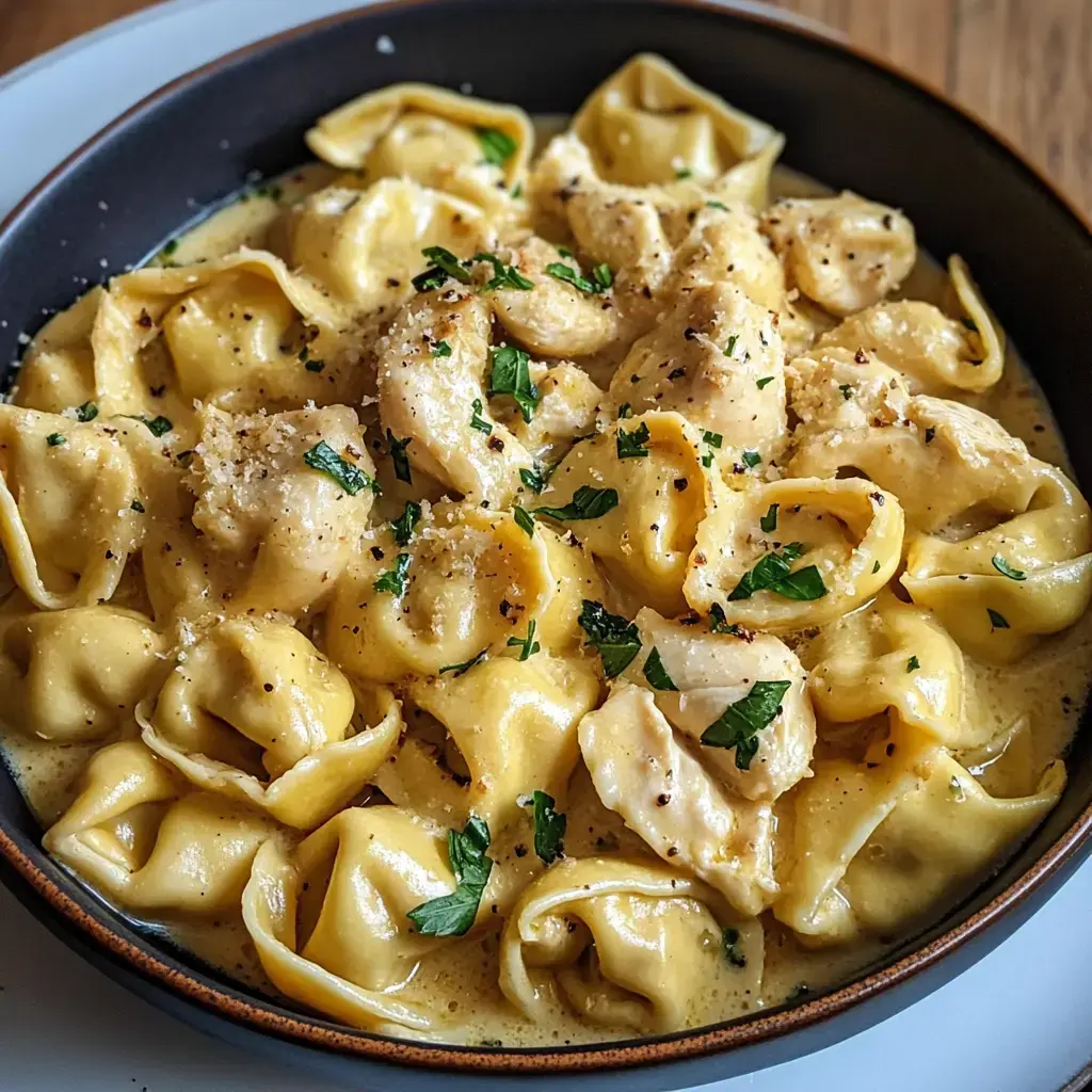 Zoom sur un bol de tortellinis nappés de crème, persil et parmesan râpé.