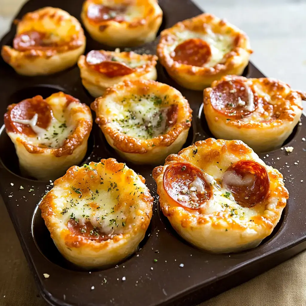 Un plateau de mini bouchées façon pizza, couvertes de fromage fondu et de chorizo, parsemées d’herbes.